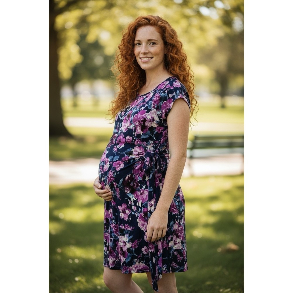 My Bump Maternity Dress Womens Medium Navy Purple‎ Floral Side Tie Faux Wrap NEW